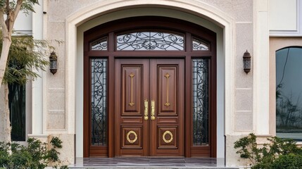 Elegant double doors with intricate design and glass accents, welcoming entrance to a home.