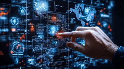 cyber forensics specialist analyzing digital data on high tech interface, showcasing intricate graphics and global data patterns. scene conveys sense of advanced technology and investigation