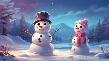 A cheerful snowman stands in a snowy landscape, wearing a green and white beanie with a pom-pom,