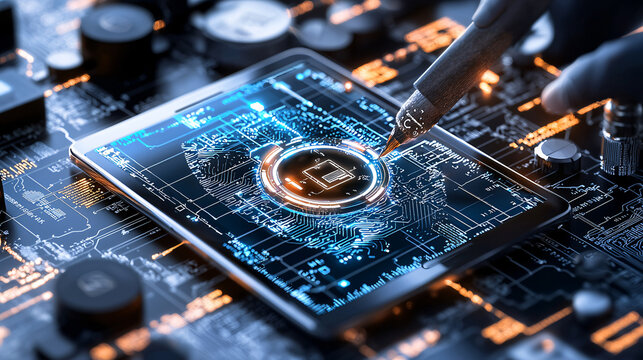 detailed image of cyber forensics specialist analyzing circuit board with stylus. intricate design showcases technology and digital security