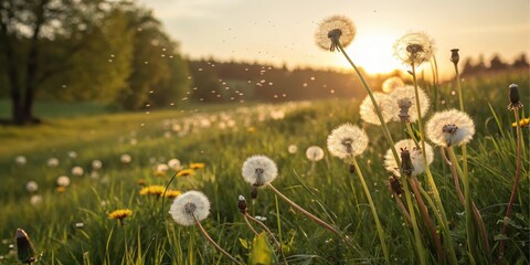 Golden hour meadow with fluffy dandelion seed heads dispersing their seeds in the gentle breeze.