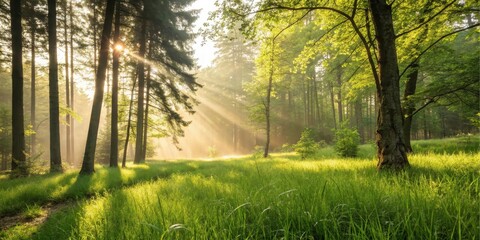 Naklejka premium Sunbeams illuminating a tranquil forest clearing, dappled sunlight filtering through leaves onto lush green grass