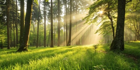 Obraz premium Sunbeams Illuminate a Mystical Forest, Bathing the Lush Green Meadow in Golden Light