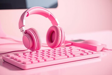 Pink Headphones Keyboard and Device on Solid Surface Still Life, Minimalist Style
