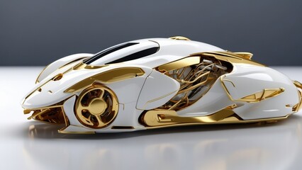 A sleek, futuristic computer mouse featuring a white upper surface with gold accents.