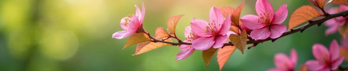 Fototapeta premium Pink and green leaves on a tree branch with flowers, tree foliage, stems, pink leaves