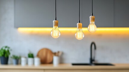 Artistic shot of energy-efficient LED bulbs illuminating a modern, stylish interior space.