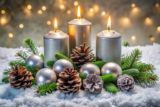 Fourth Advent Elegance: Grey Candles, Pine Cones, and Ornaments in Snowy Scene - Rule of Thirds Composition