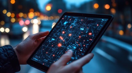 Hands holding tablet with interactive city map overlay.  