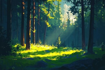 Fototapeta premium Captivating scenery featuring vibrant anime-style trees and foliage.