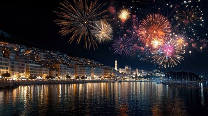 A grand New Year celebration featuring colorful fireworks exploding above a luxury riverside city skyline,