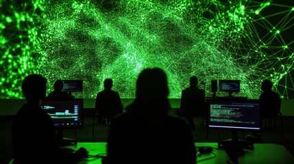 Silhouetted programmers working on computers in a dark room with a green network projection.