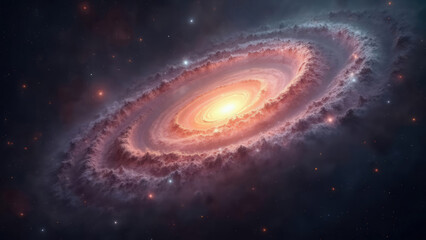 A stunning spiral galaxy, illuminated with bright yellow and orange hues, showcases intricate dust lanes and star clusters in the night sky. The vastness of space surrounding it enhances its beauty. 