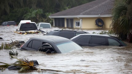 Fototapeta premium Flooded vehicles submerged in water near a house after severe weather.