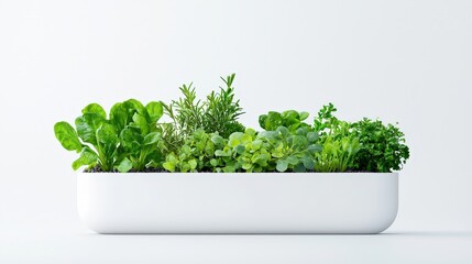 Fototapeta premium Fresh Herbs and Greens in Modern White Planter
