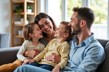 Happy Family of Four Laughing Together on Sofa at Home - Perfect for Family Portrait Inspiration, Advertising, and Social Media