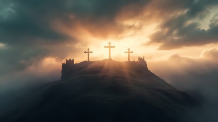 Majestic Sunrise with Three Crosses on Mountain Peak Surrounded by Fog, Evoking a Sense of Peace and Spiritual Reflection in a Serene Landscape