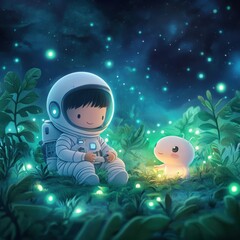 Fototapeta premium Enchanting Night Scene with a Young Astronaut and a Friendly Creature Surrounded by Glowing Plants Under a Starry Sky, Evoking Wonder and Imagination