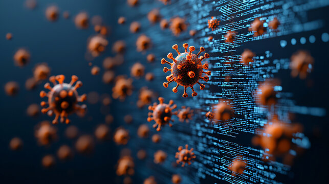 Digital representation of malware infiltration with virus particles and code. This illustrates concept of cybersecurity threats and impact of malware on systems