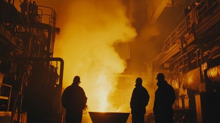 Three workers observe molten metal in a glowing industrial factory at night.