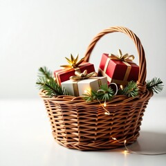 Holiday gift basket filled with presents and twinkling lights on white background, lights, holiday season