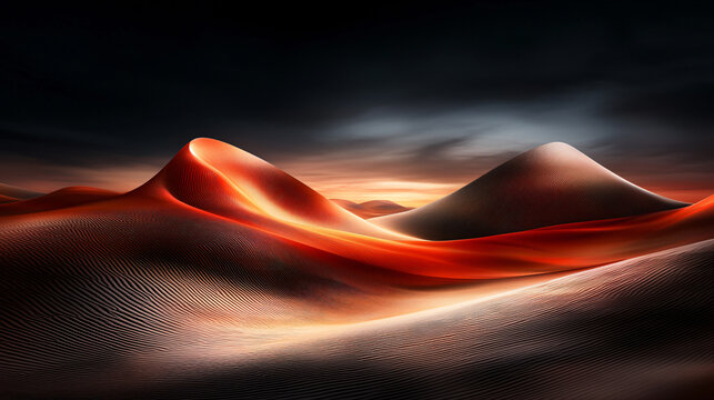 stunning desert landscape featuring rolling sand dunes illuminated by dramatic sunset. warm hues of orange and red contrast beautifully with dark sky, creating cinematic atmosphere