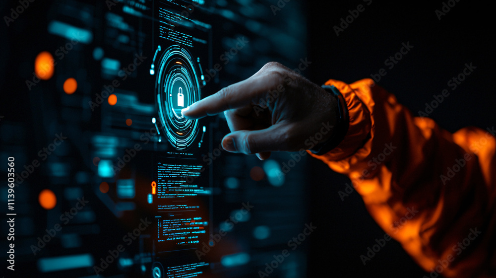Fototapete person interacting with futuristic AI interface focused on security and logistics. glowing elements create high tech atmosphere