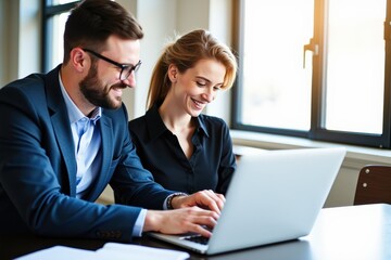 Fototapeta premium Professional Business Team Collaborating on Laptop in Modern Office Setting, Ideal for Business Marketing and Teamwork Concepts