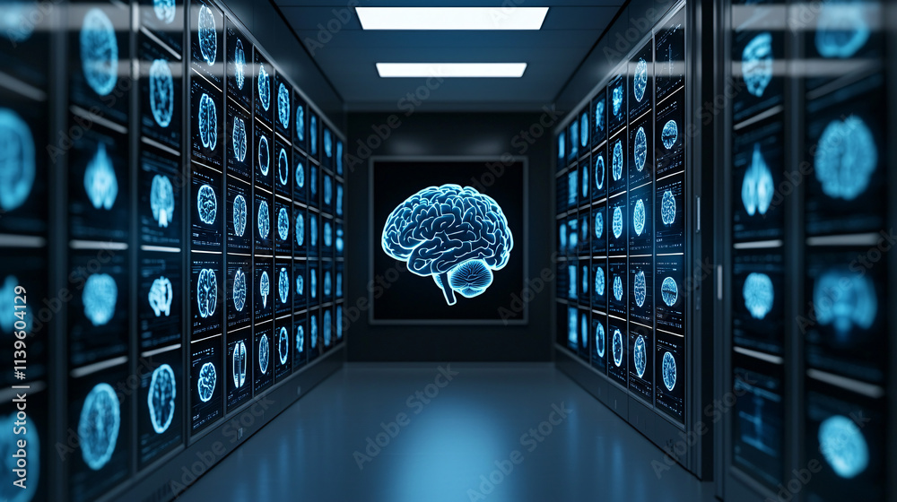 Poster futuristic healthcare innovation hub featuring advanced brain imaging technology, showcasing detailed brain scans and neural data on digital screens, creating high tech atmosphere