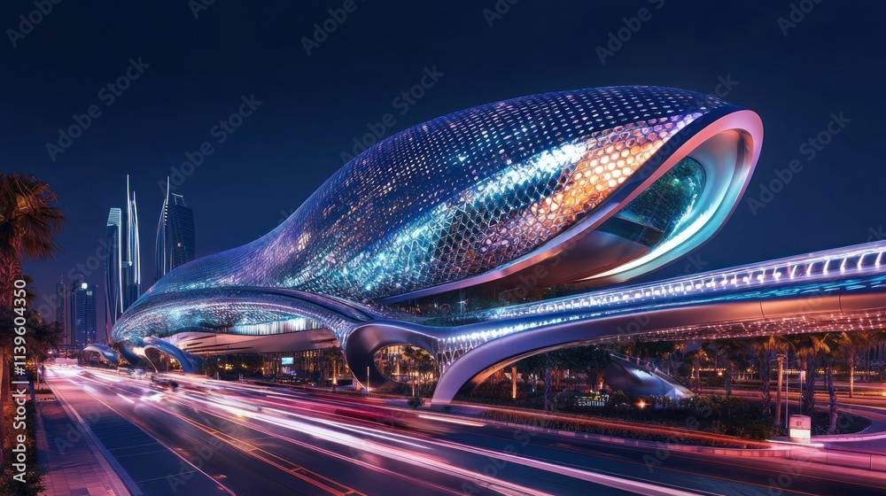 Poster Futuristic architectural structure resembling a serpent, illuminated at night.
