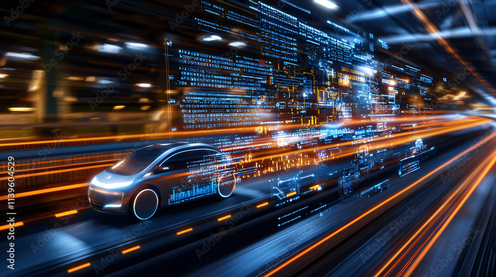 Poster futuristic road with autonomous electric vehicles showcasing advanced technology and digital data fl