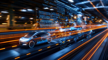 futuristic road with autonomous electric vehicles showcasing advanced technology and digital data flow, symbolizing innovation and progress in transportation