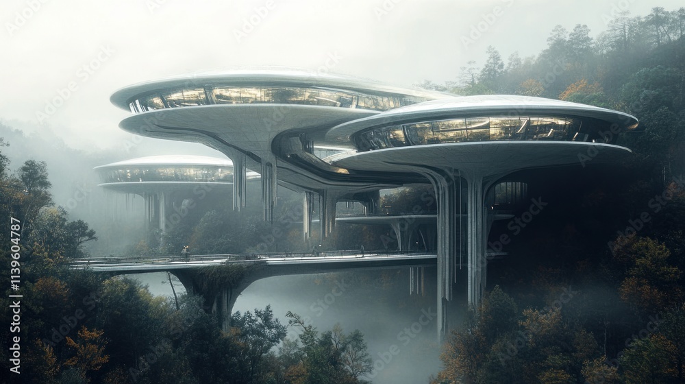 Poster futuristic structures elevated above a misty forest landscape.