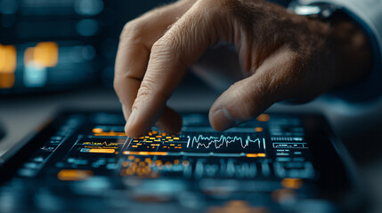 hand interacting with digital healthcare application, showcasing data analysis and machine learning for diagnostics. interface displays various health metrics and graphs