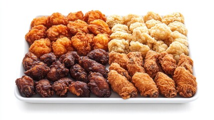 Obraz premium A Delicious Assortment of Fried Chicken Wings, Nuggets, and Popcorn Chicken on a White Platter