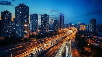 Busy city highway at night. Concept of urban life, traffic, and modern city.