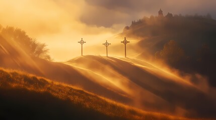 Obraz premium Serene Landscape with Silhouetted Crosses at Sunrise in Misty Hills, Capturing Spirituality and Nature's Beauty in a Dreamy Atmosphere