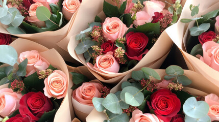 Beautiful bouquets of vibrant roses and eucalyptus leaves wrapped in brown paper