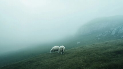 Fototapeta premium Two sheep graze on a misty hillside.