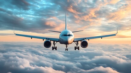 Obraz premium Airplane above clouds at sunset. Concept of travel, journey, and freedom.