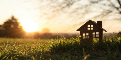 A miniature house nestled in vibrant green grass at sunset, symbolizing dreams of homeownership and idyllic suburban living
