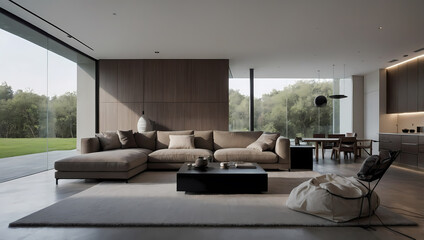 Fototapeta premium Modern living room featuring a large sectional sofa, minimalistic coffee table, and expansive windows overlooking greenery.