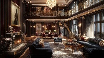 Luxurious living room with elegant decor, chandelier, and fireplace.