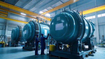 Two workers inspect large industrial equipment in a factory.