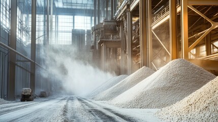 A detailed view inside a cement manufacturing plant, where raw ingredients like limestone are finely ground and mixed, before being heated to extremely high temperatures to produce cement.