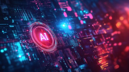 Fototapeta premium A digital technology-themed futuristic background with holographic shapes, data streams, and the text 