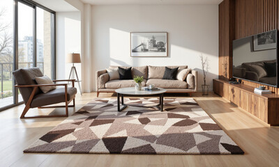 Fototapeta premium A mocha mousse-colored rug with a modern geometric pattern, placed in the center of a bright, airy living room.