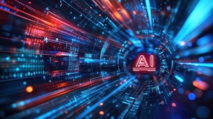 Fototapeta premium A digital technology-themed futuristic background with holographic shapes, data streams, and the text 
