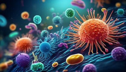 Fototapeta premium A microscopic view of multiple bacteria and virus cells, representing biology and infection