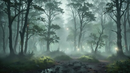 Obraz premium A misty, foggy scene with a soft bokeh effect and blurred trees in a dark green environment, , wild terrain
